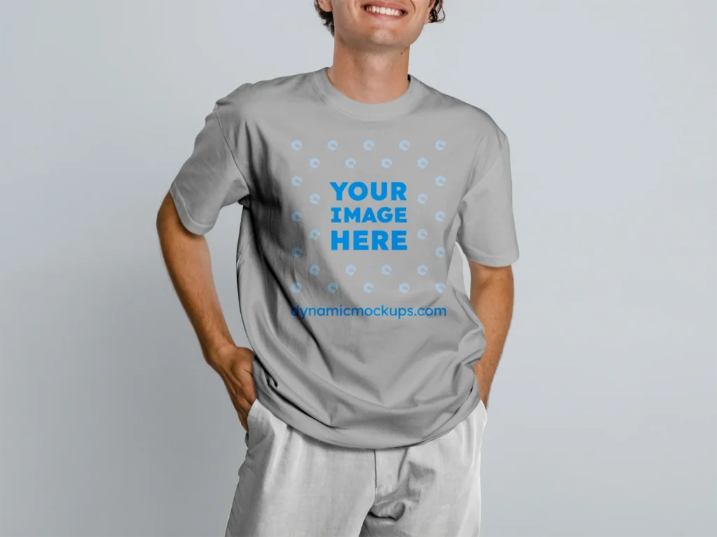 Man Wearing Light Gray T-shirt Mockup Front View Template