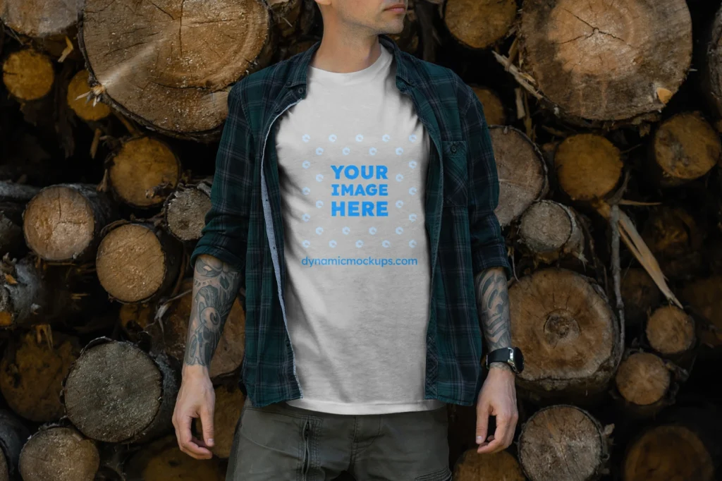 Man Wearing Light Gray T-shirt Mockup Front View Template