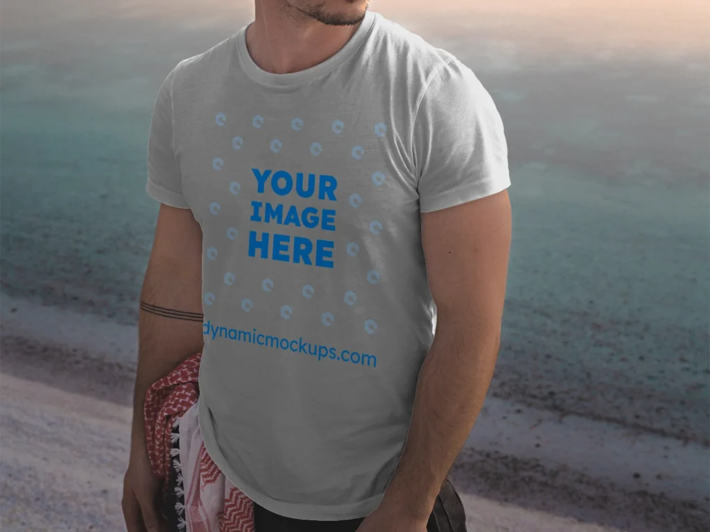 Man Wearing Light Gray T-shirt Mockup Front View Template