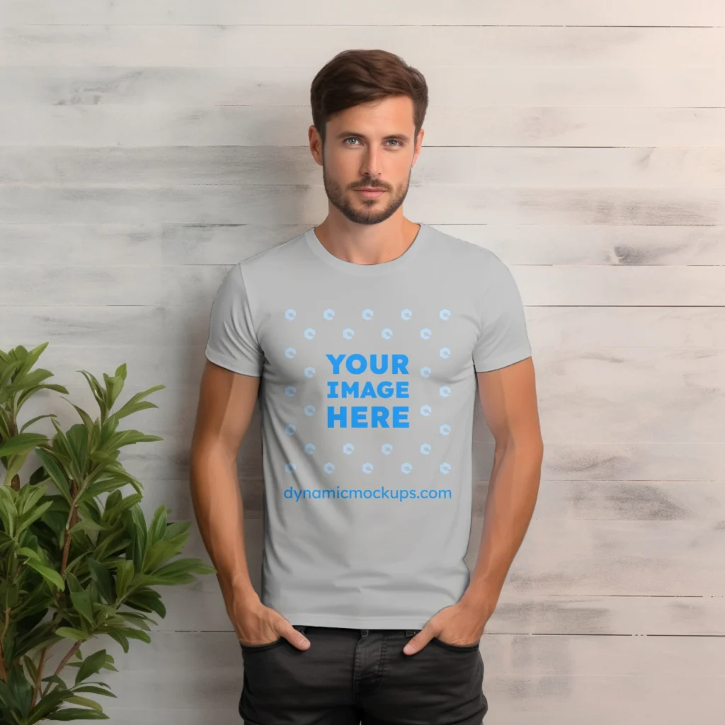 Man Wearing Light Gray T-shirt Mockup Front View Template