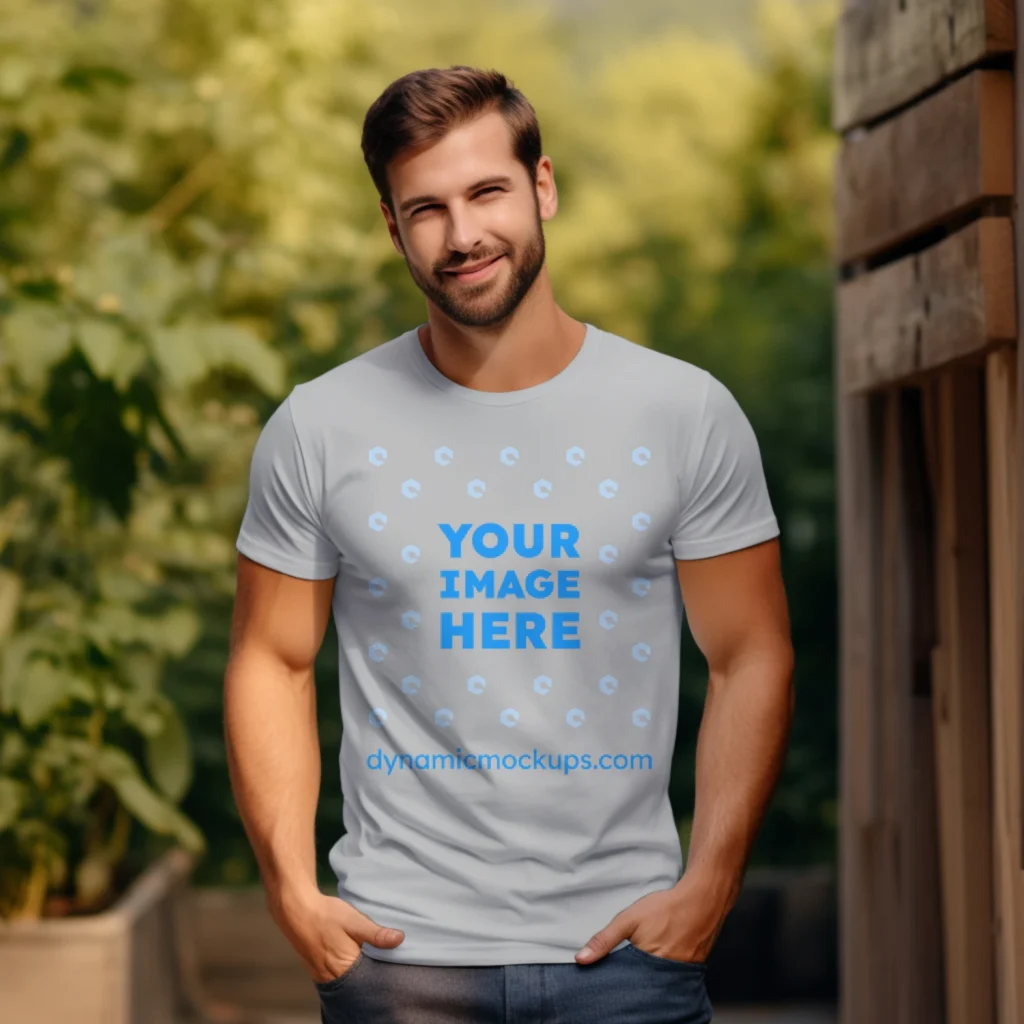 Man Wearing Light Gray T-shirt Mockup Front View Template