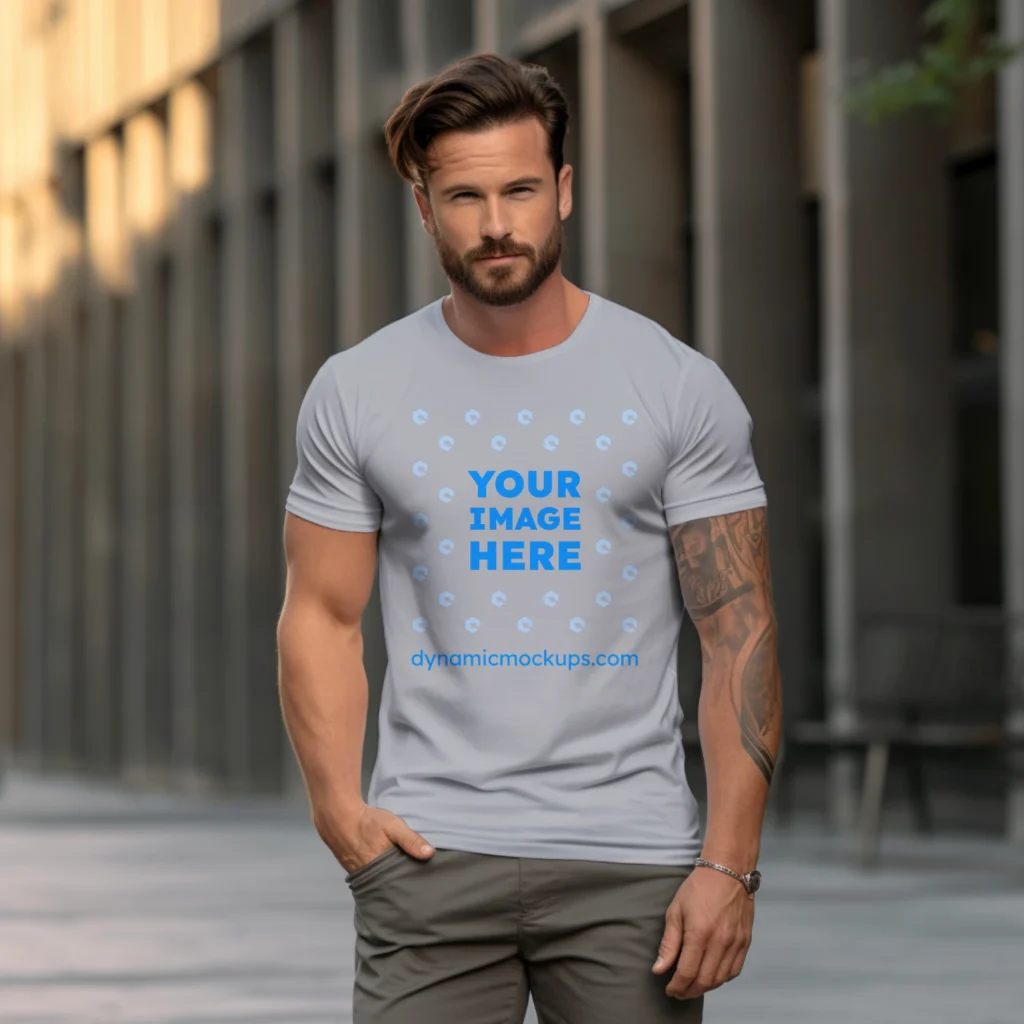 Man Wearing Light Gray T-shirt Mockup Front View Template