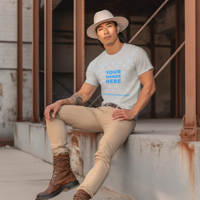 Man Wearing Light Gray T-shirt Mockup Front View Template