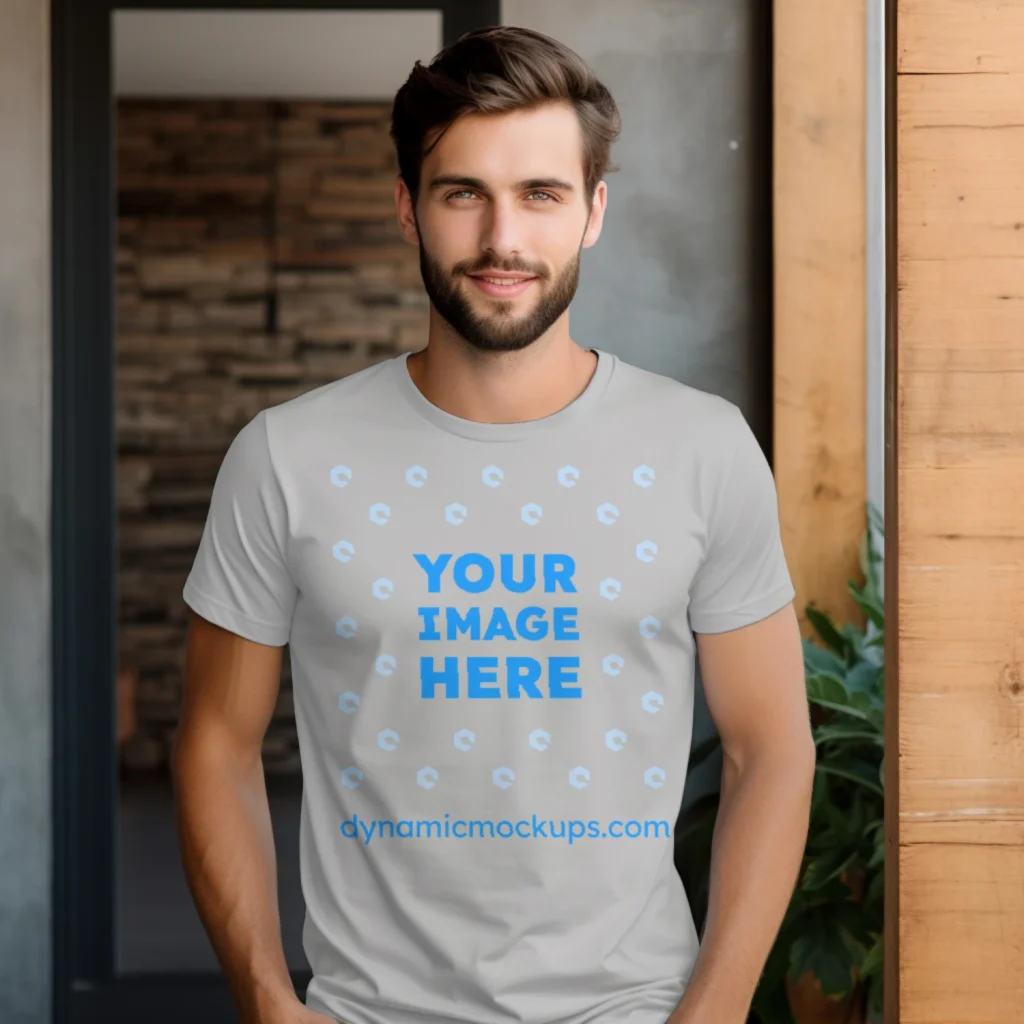 Man Wearing Light Gray T-shirt Mockup Front View Template