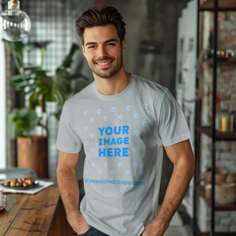 Man Wearing Light Gray T-shirt Mockup Front View Template