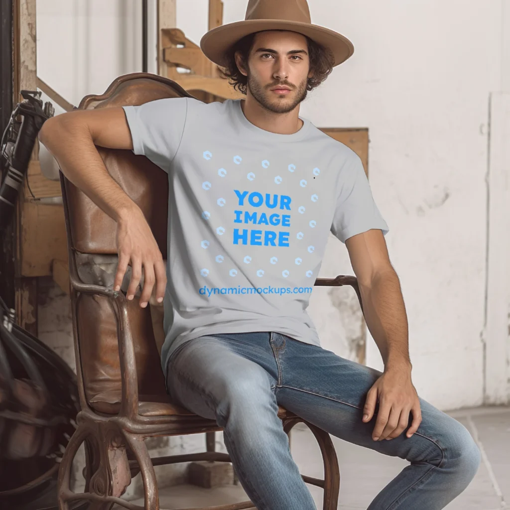 Man Wearing Light Gray T-shirt Mockup Front View Template