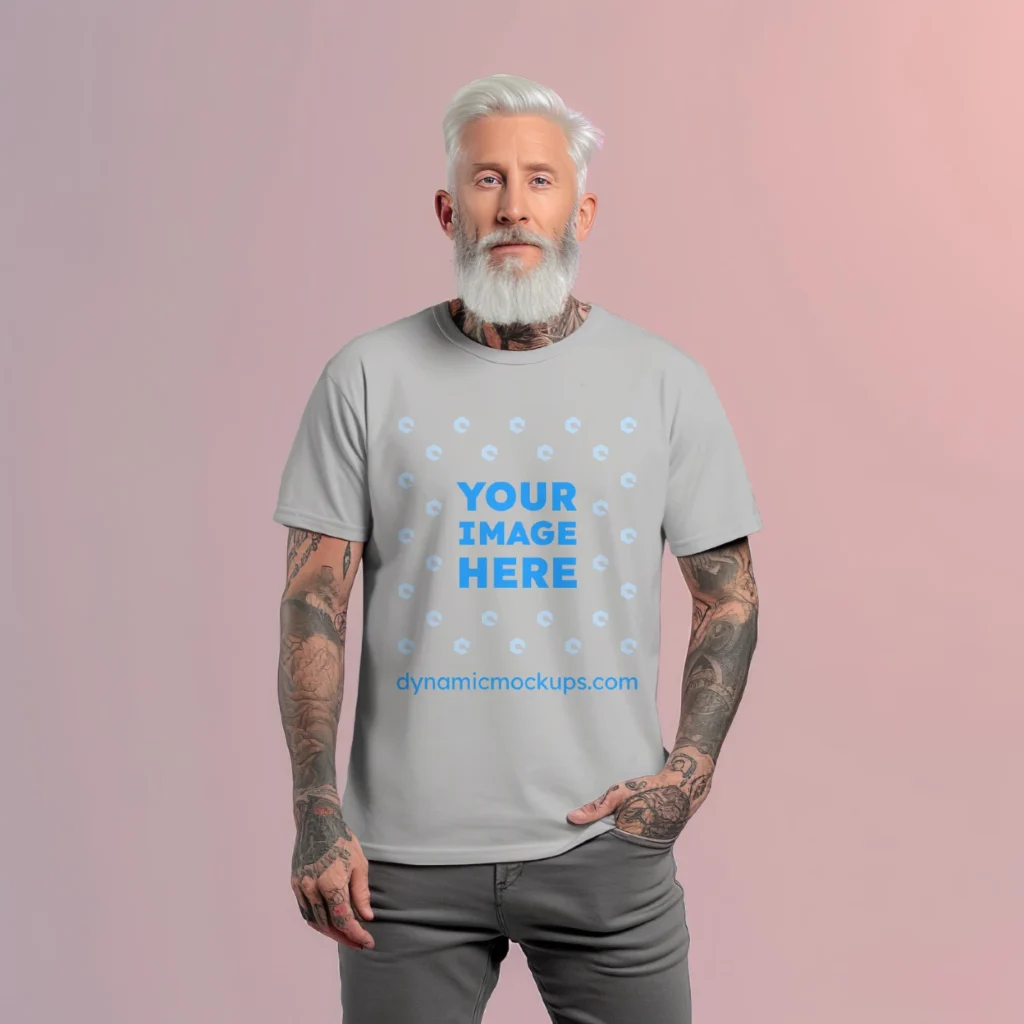 Man Wearing Light Gray T-shirt Mockup Front View Template