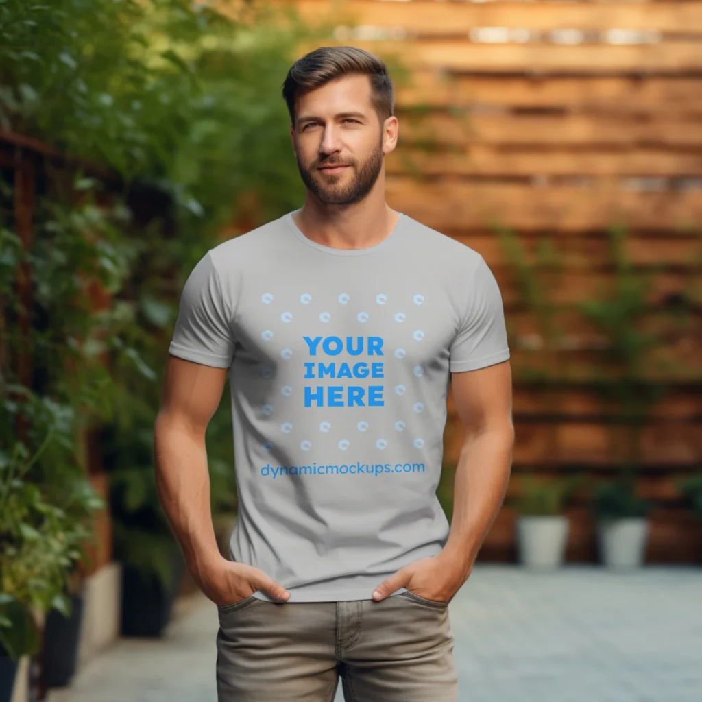 Man Wearing Light Gray T-shirt Mockup Front View Template