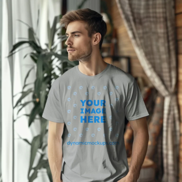 Man Wearing Light Gray T-shirt Mockup Front View Template