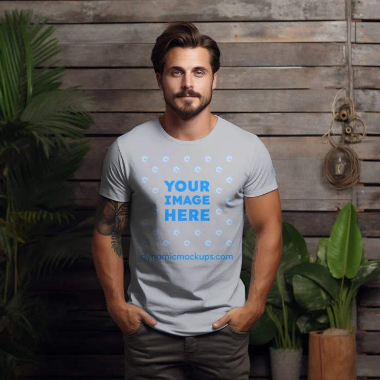 Man Wearing Light Gray T-shirt Mockup Front View Template