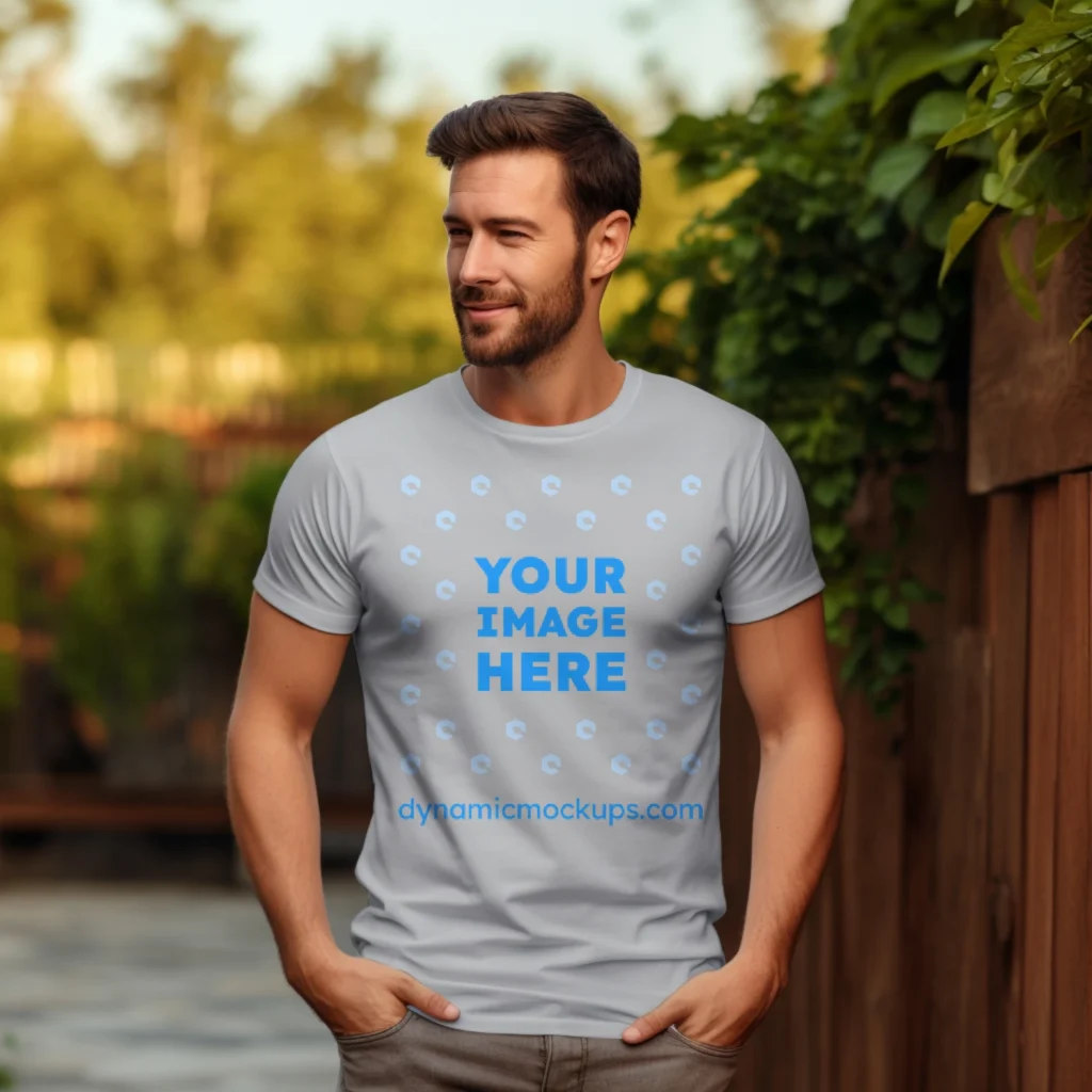 Man Wearing Light Gray T-shirt Mockup Front View Template