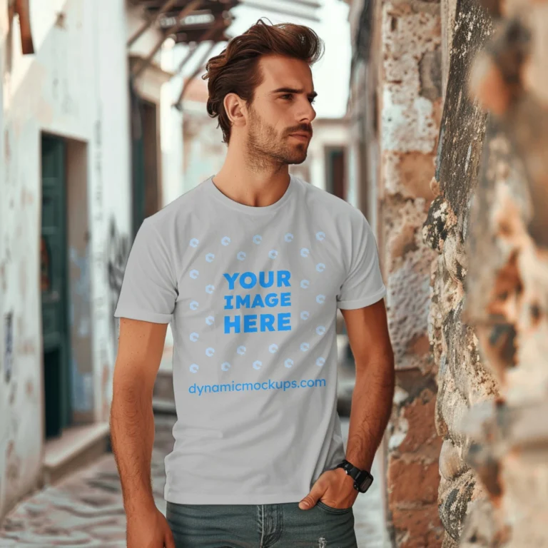 Man Wearing Light Gray T-shirt Mockup Front View Template