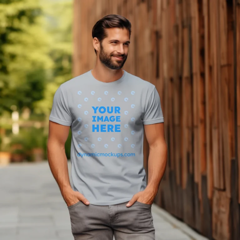 Man Wearing Light Gray T-shirt Mockup Front View Template