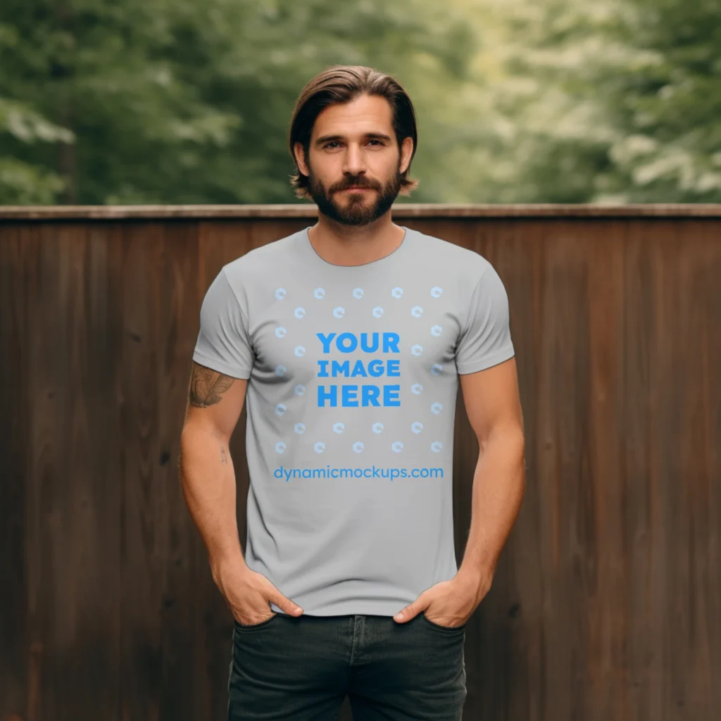 Man Wearing Light Gray T-shirt Mockup Front View Template