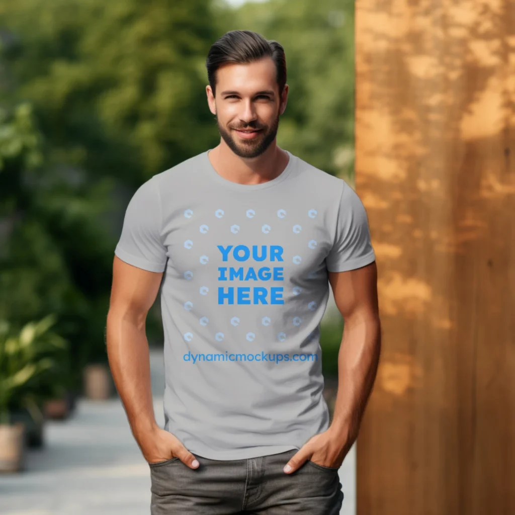 Man Wearing Light Gray T-shirt Mockup Front View Template