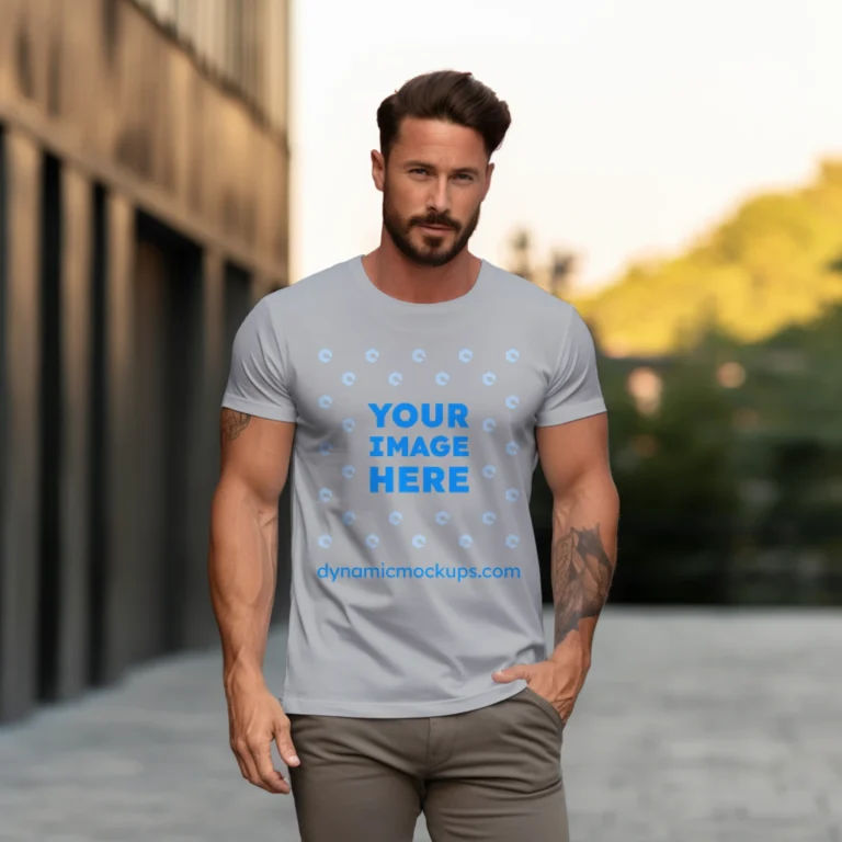 Man Wearing Light Gray T-shirt Mockup Front View Template