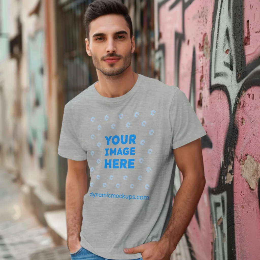 Man Wearing Light Gray T-shirt Mockup Front View Template