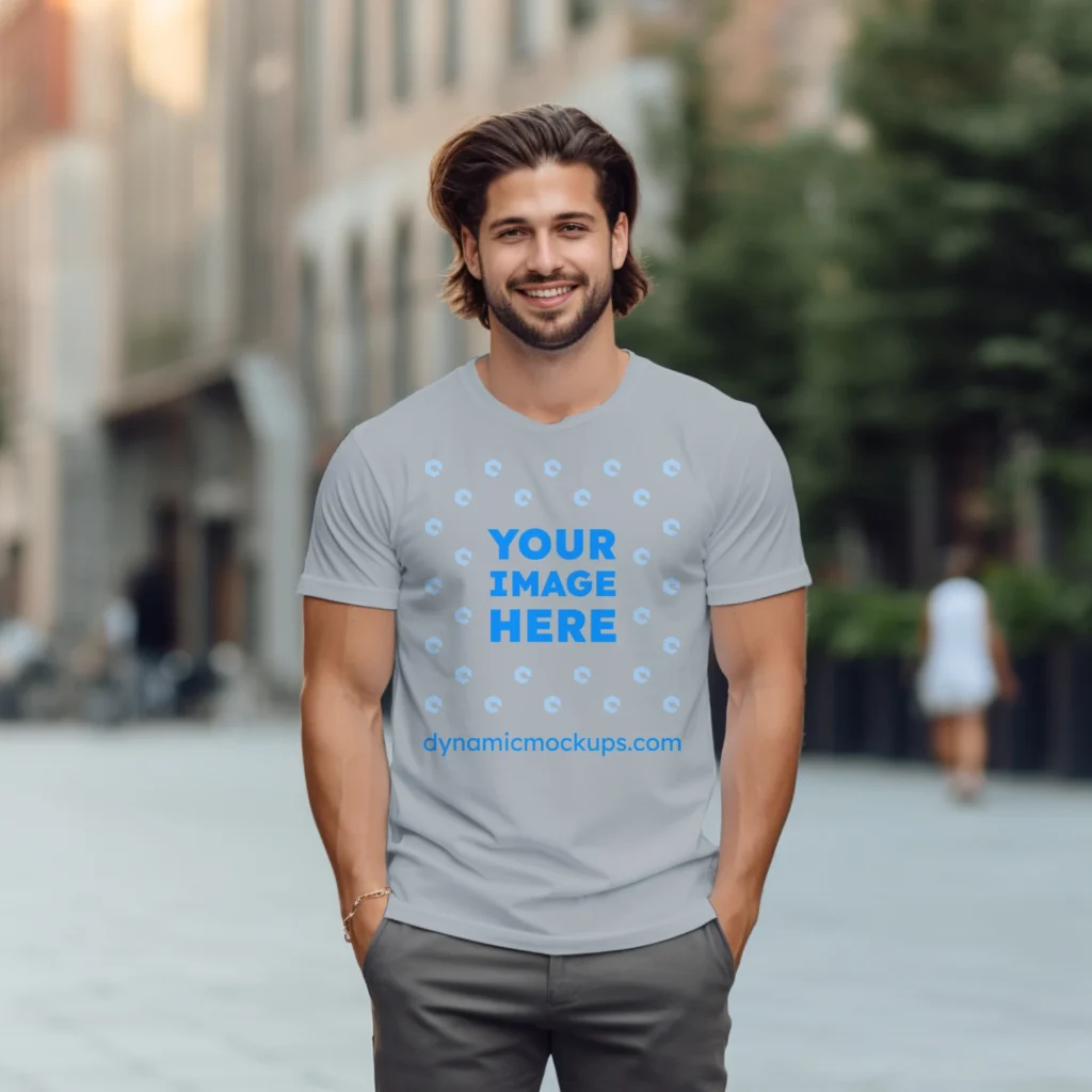 Man Wearing Light Gray T-shirt Mockup Front View Template