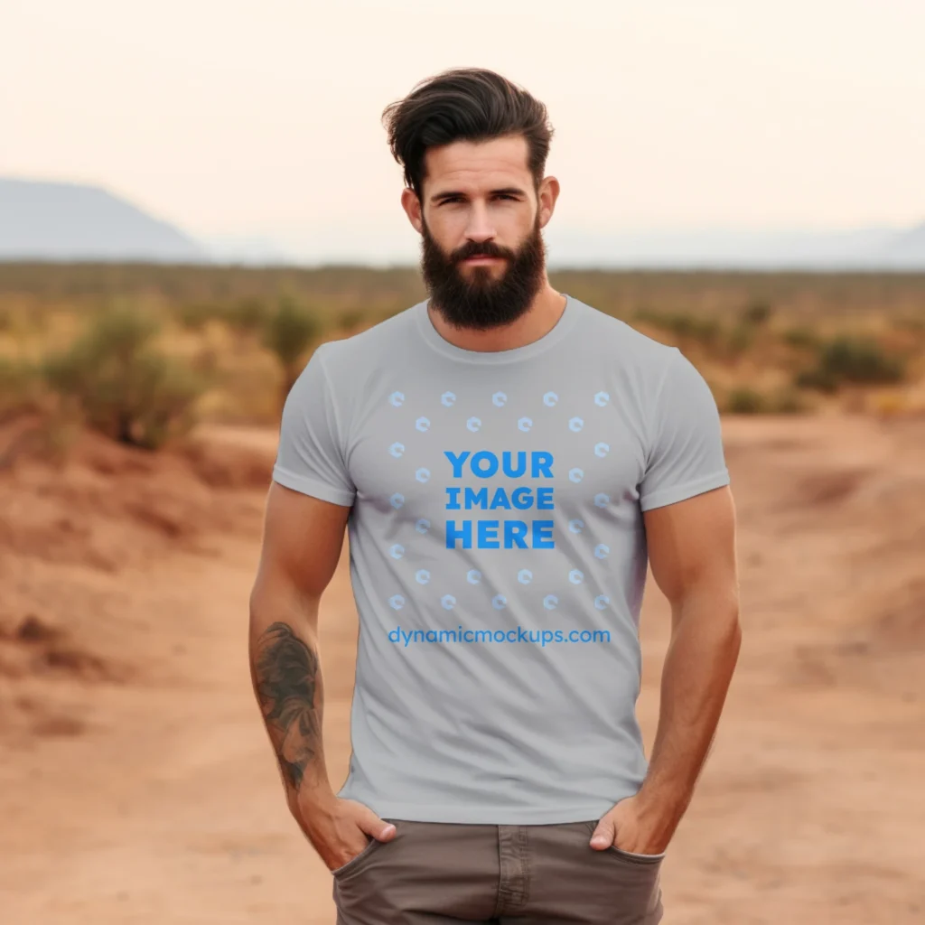 Man Wearing Light Gray T-shirt Mockup Front View Template