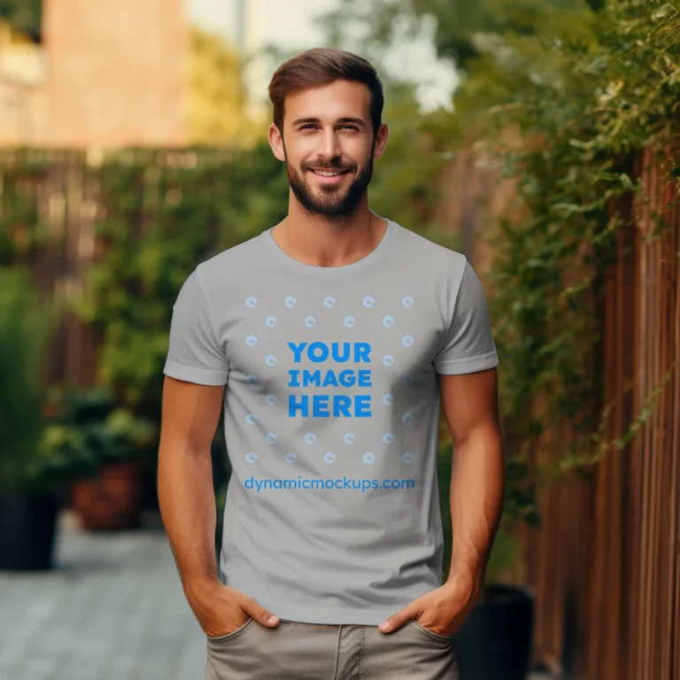 Man Wearing Light Gray T-shirt Mockup Front View Template