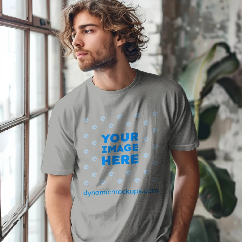 Man Wearing Light Gray T-shirt Mockup Front View Template