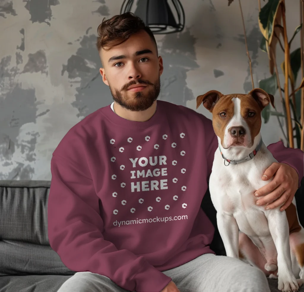 Man Wearing Maroon Sweatshirt Mockup Front View Template