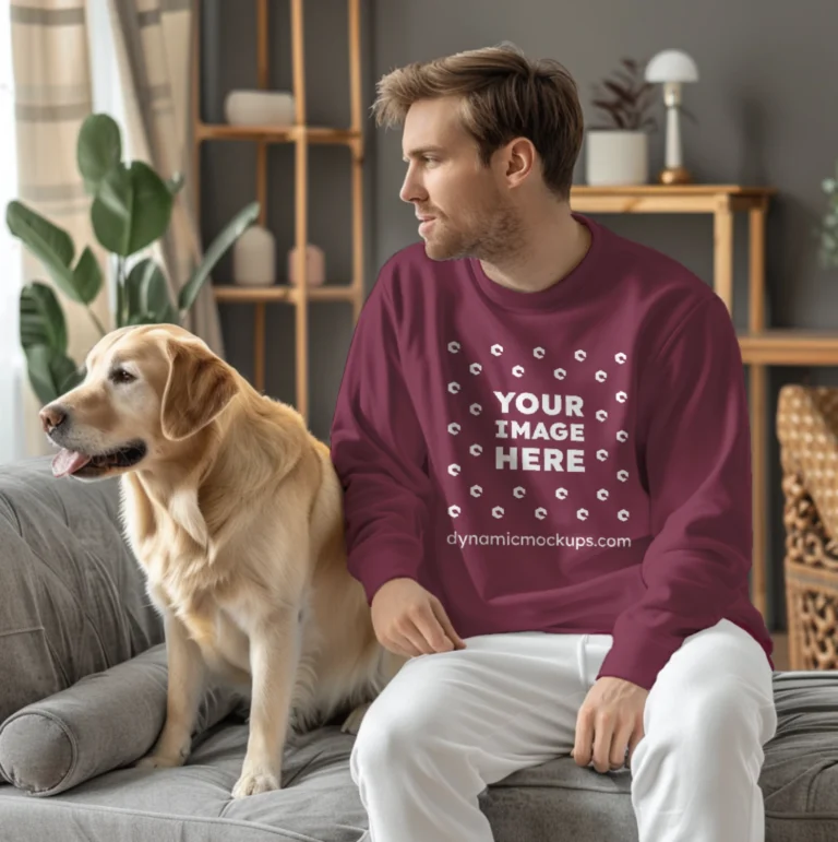 Man Wearing Maroon Sweatshirt Mockup Front View Template