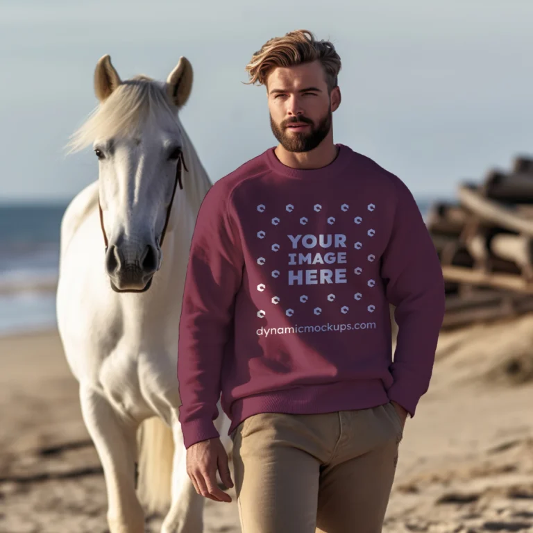 Man Wearing Maroon Sweatshirt Mockup Front View Template