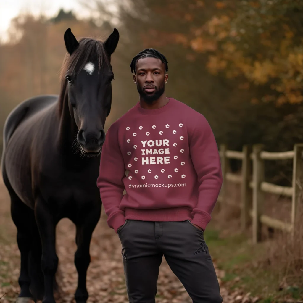 Man Wearing Maroon Sweatshirt Mockup Front View Template