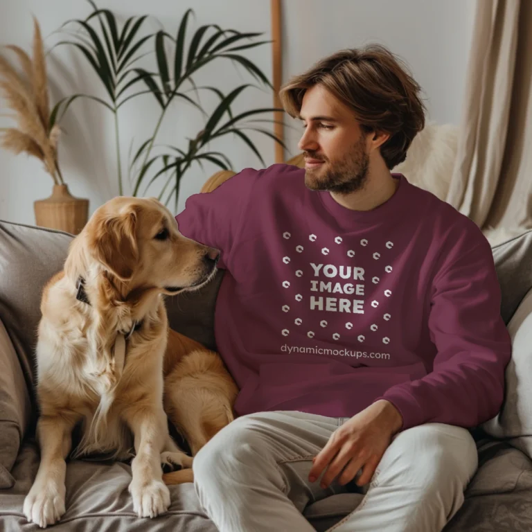 Man Wearing Maroon Sweatshirt Mockup Front View Template