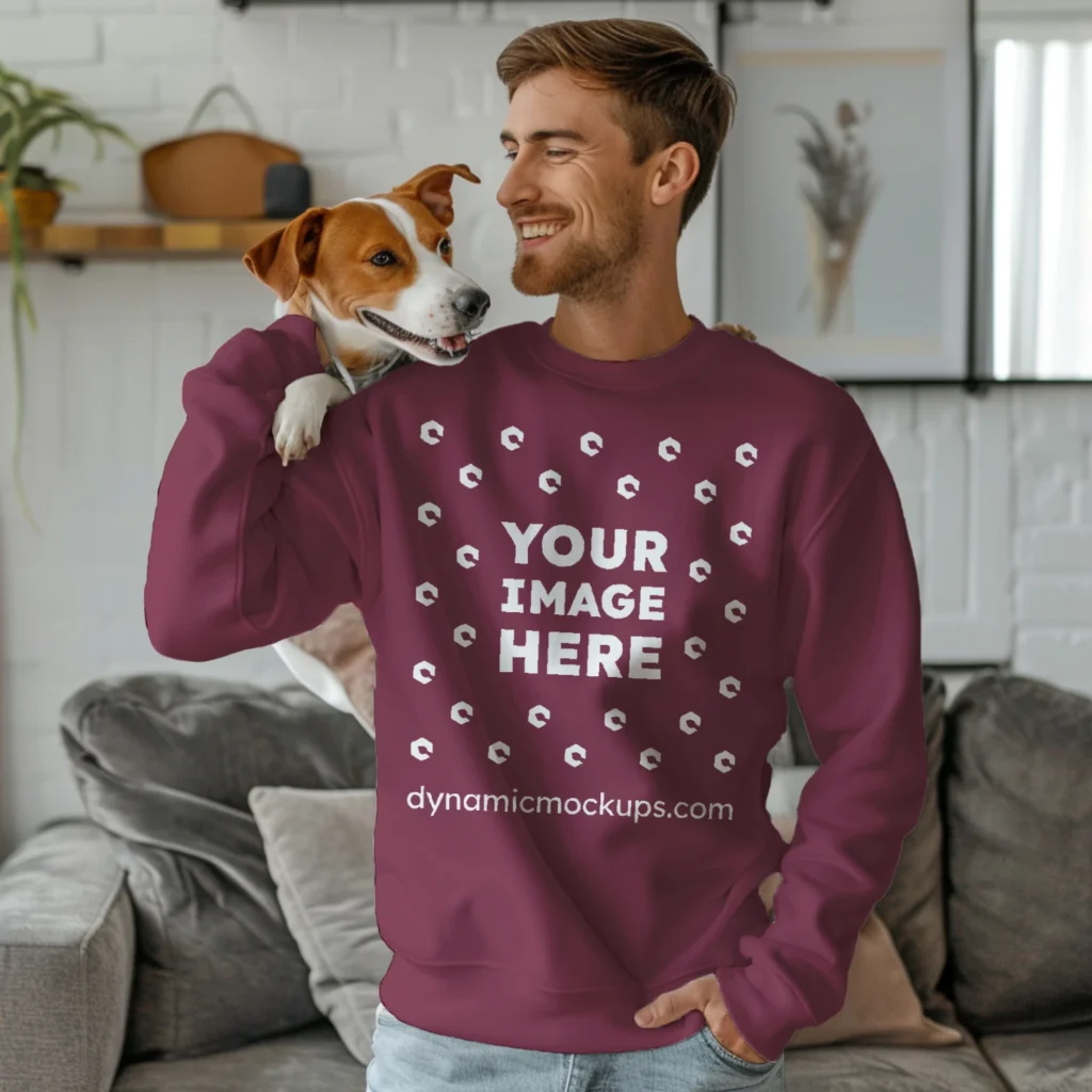 Man Wearing Maroon Sweatshirt Mockup Front View Template