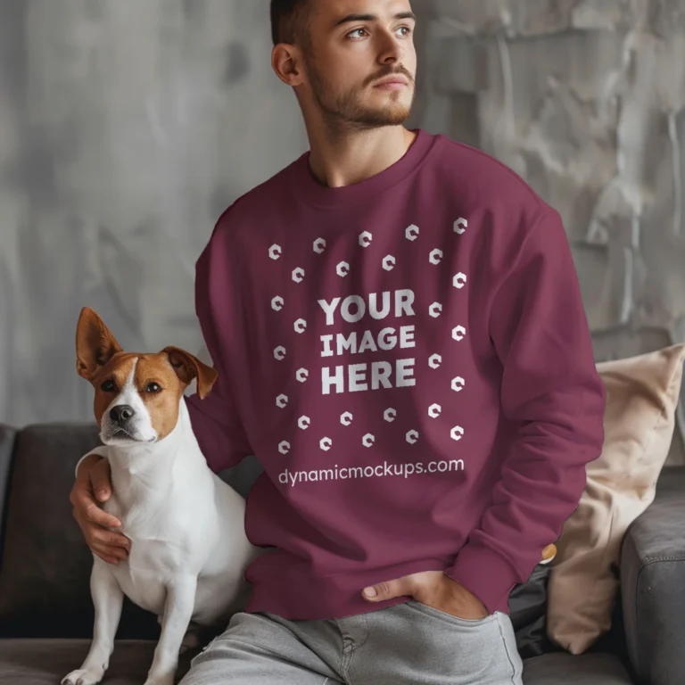 Man Wearing Maroon Sweatshirt Mockup Front View Template