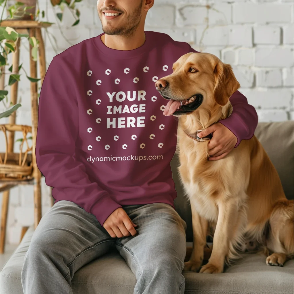 Man Wearing Maroon Sweatshirt Mockup Front View Template