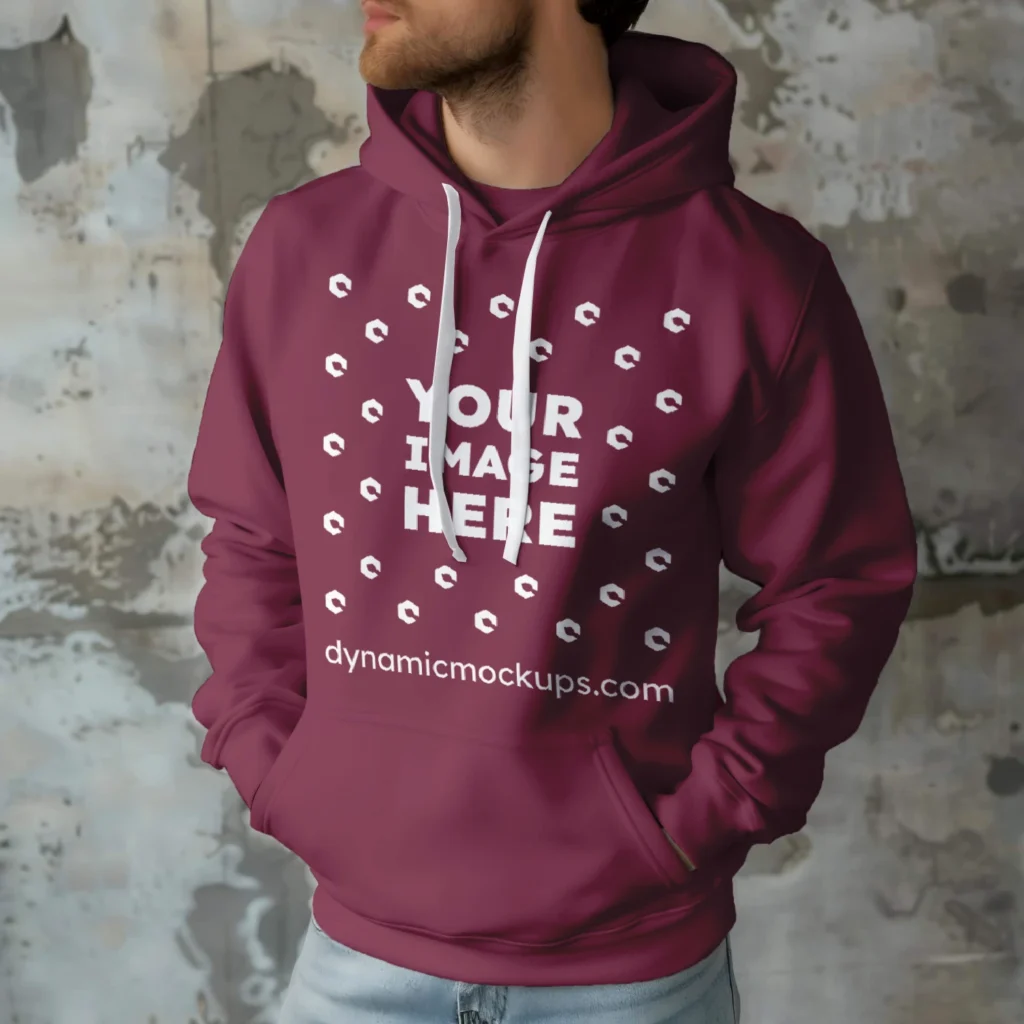 Man Wearing Maroon Hoodie Mockup Front View Template