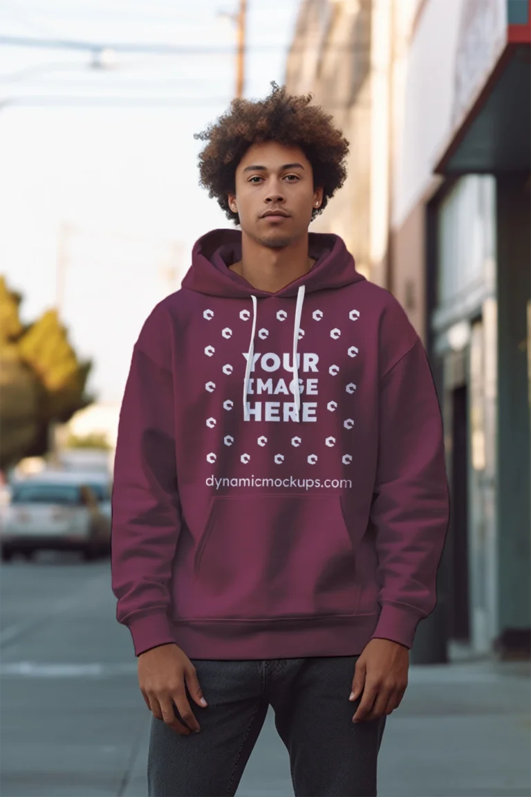 Man Wearing Maroon Hoodie Mockup Front View Template