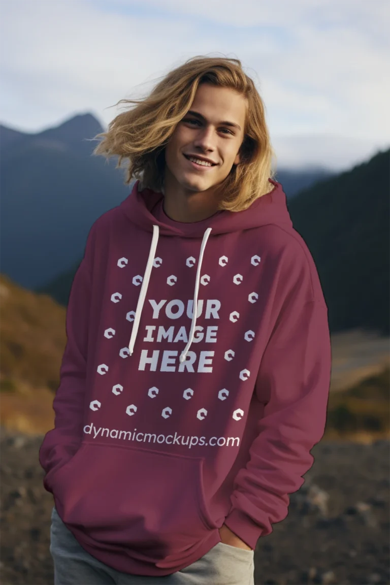 Man Wearing Maroon Hoodie Mockup Front View Template