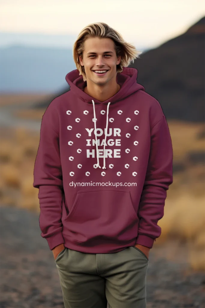 Man Wearing Maroon Hoodie Mockup Front View Template