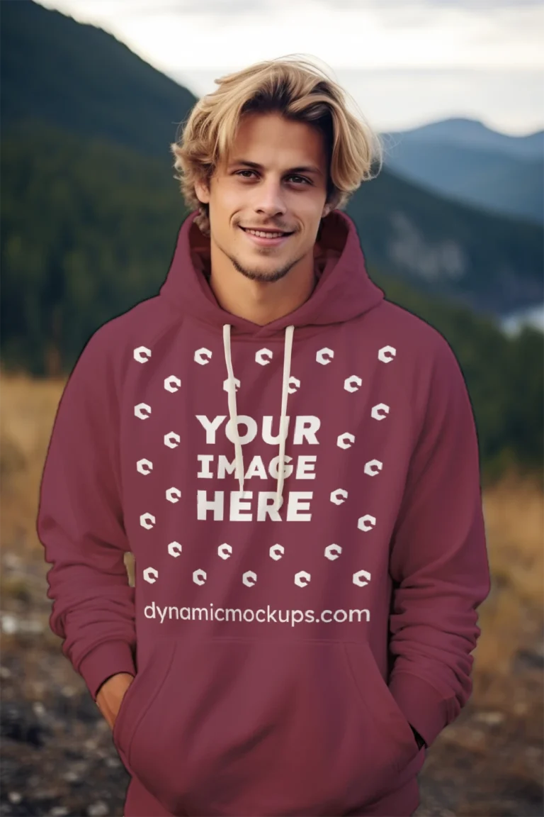 Man Wearing Maroon Hoodie Mockup Front View Template