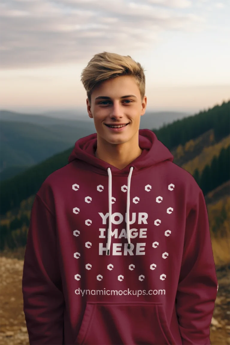 Man Wearing Maroon Hoodie Mockup Front View Template