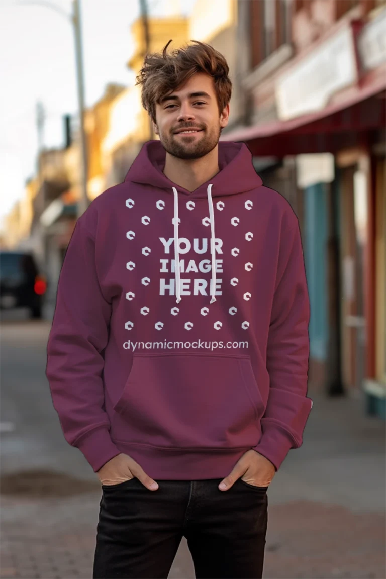 Man Wearing Maroon Hoodie Mockup Front View Template