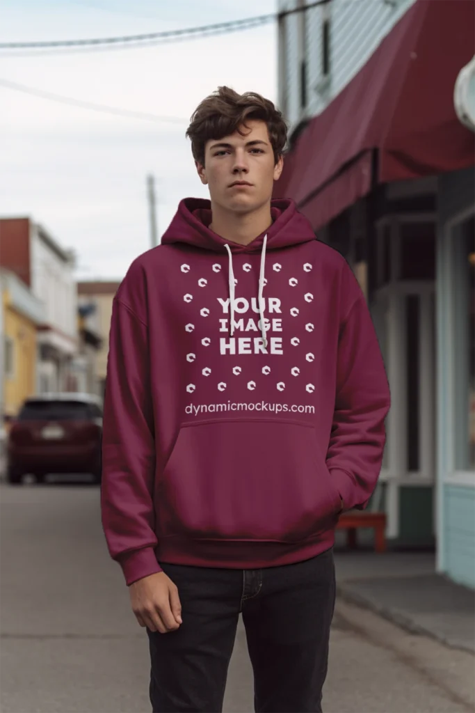 Man Wearing Maroon Hoodie Mockup Front View Template