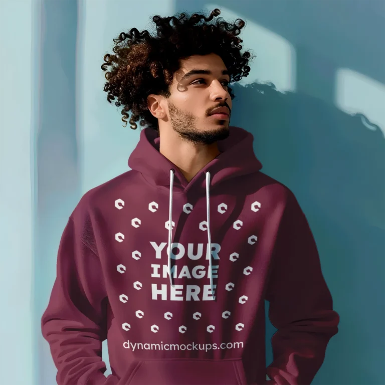 Man Wearing Maroon Hoodie Mockup Front View Template