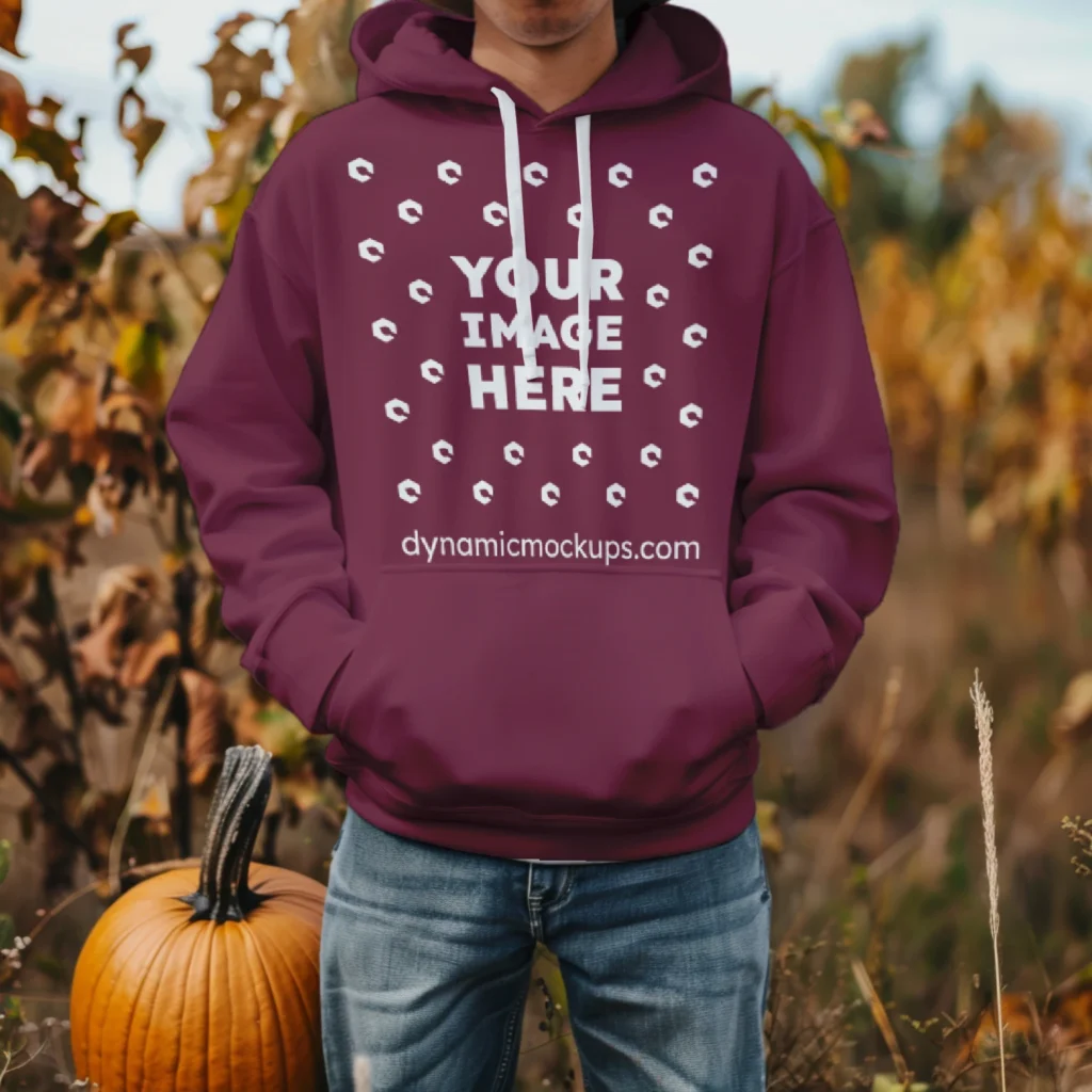 Man Wearing Maroon Hoodie Mockup Front View Template