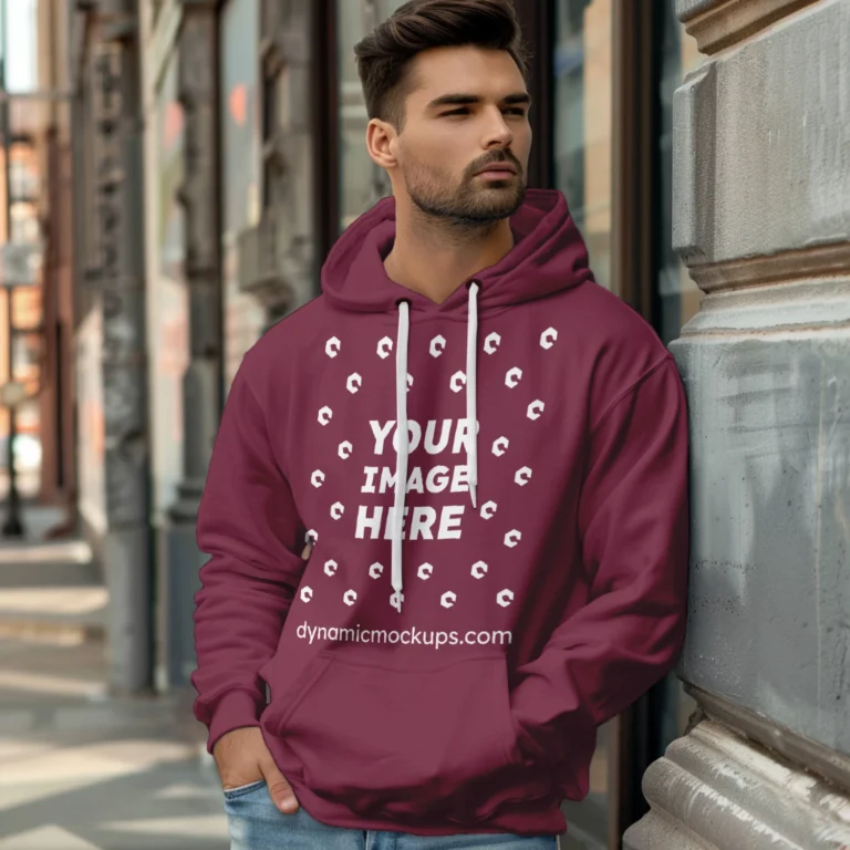 Man Wearing Maroon Hoodie Mockup Front View Template