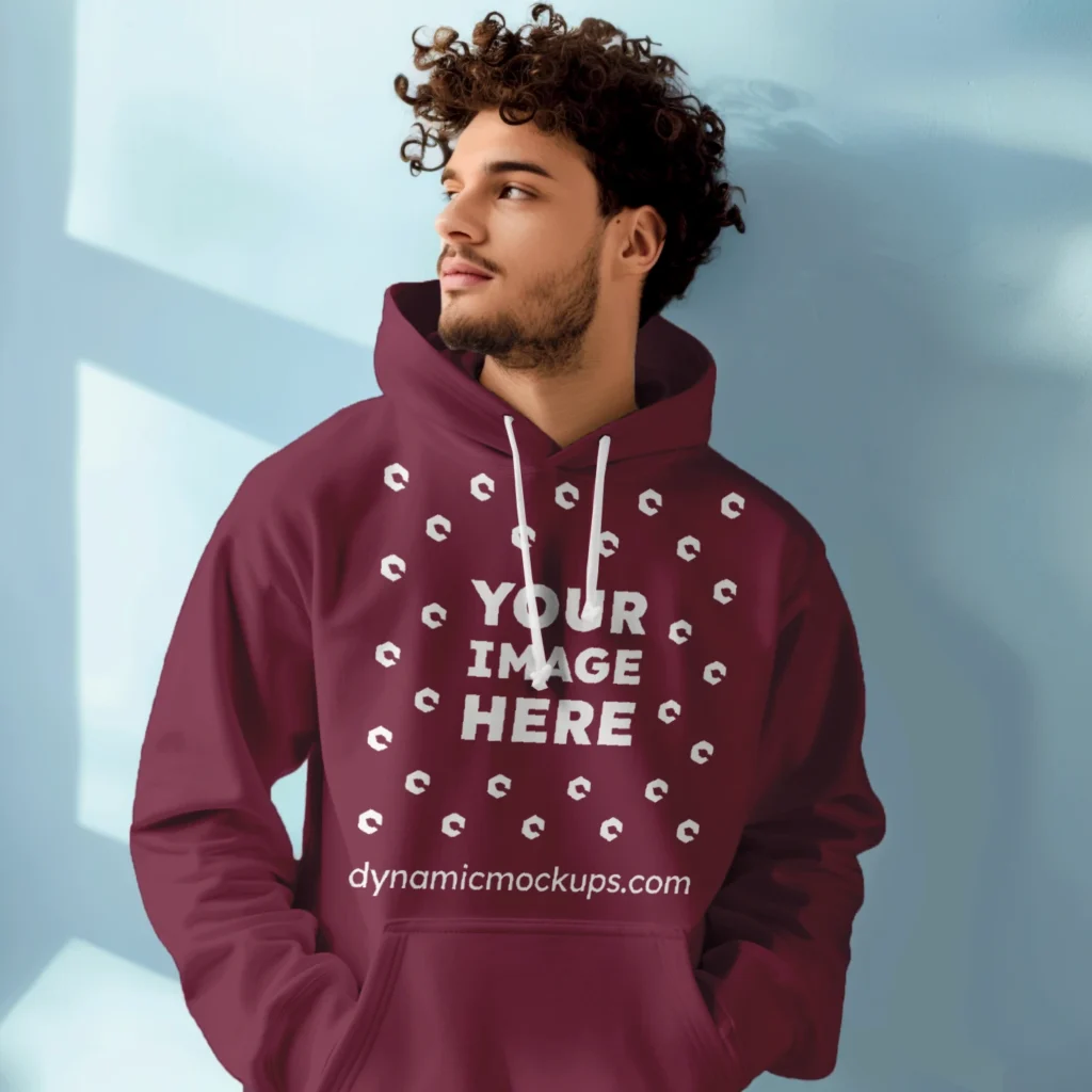 Man Wearing Maroon Hoodie Mockup Front View Template