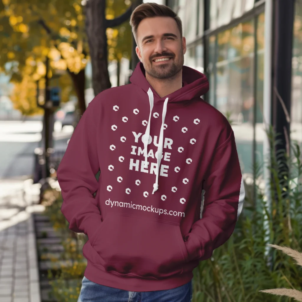 Man Wearing Maroon Hoodie Mockup Front View Template