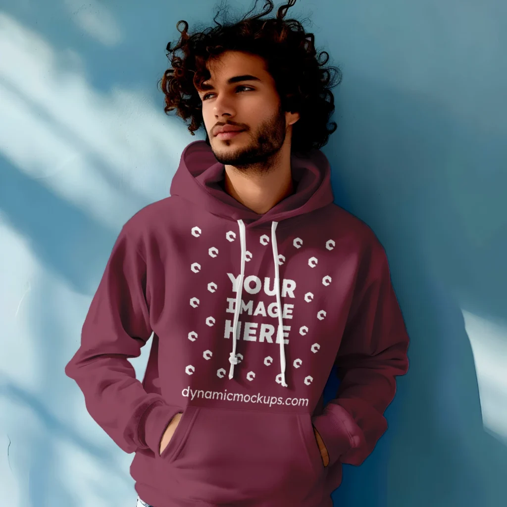 Man Wearing Maroon Hoodie Mockup Front View Template