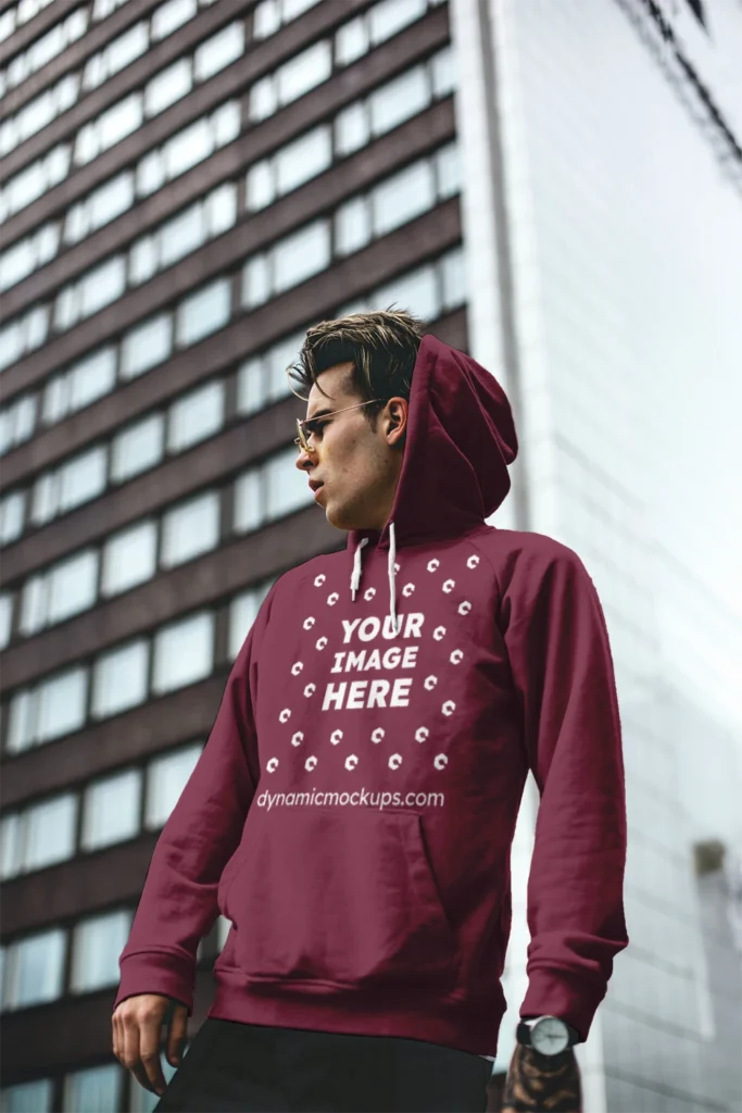 Man Wearing Maroon Hoodie Mockup Front View Template