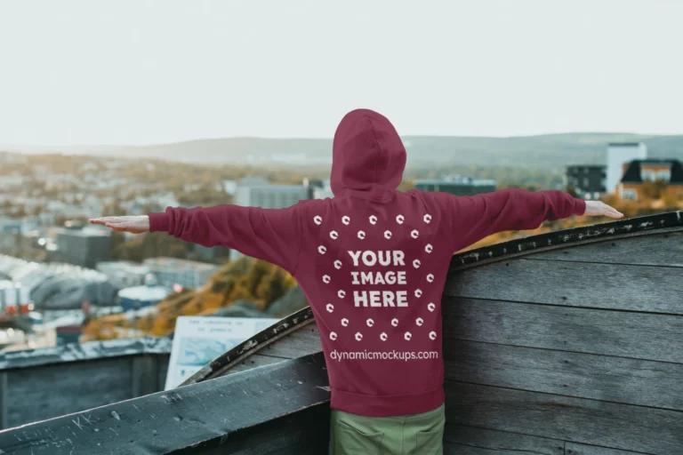 Man Wearing Maroon Hoodie Mockup Back View Template