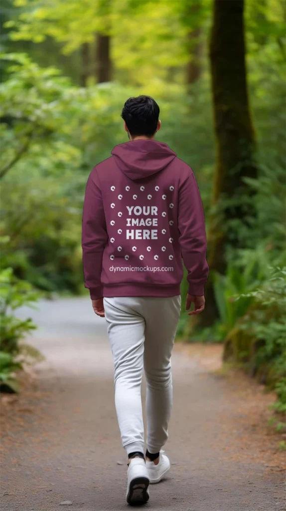 Man Wearing Maroon Hoodie Mockup Back View Template